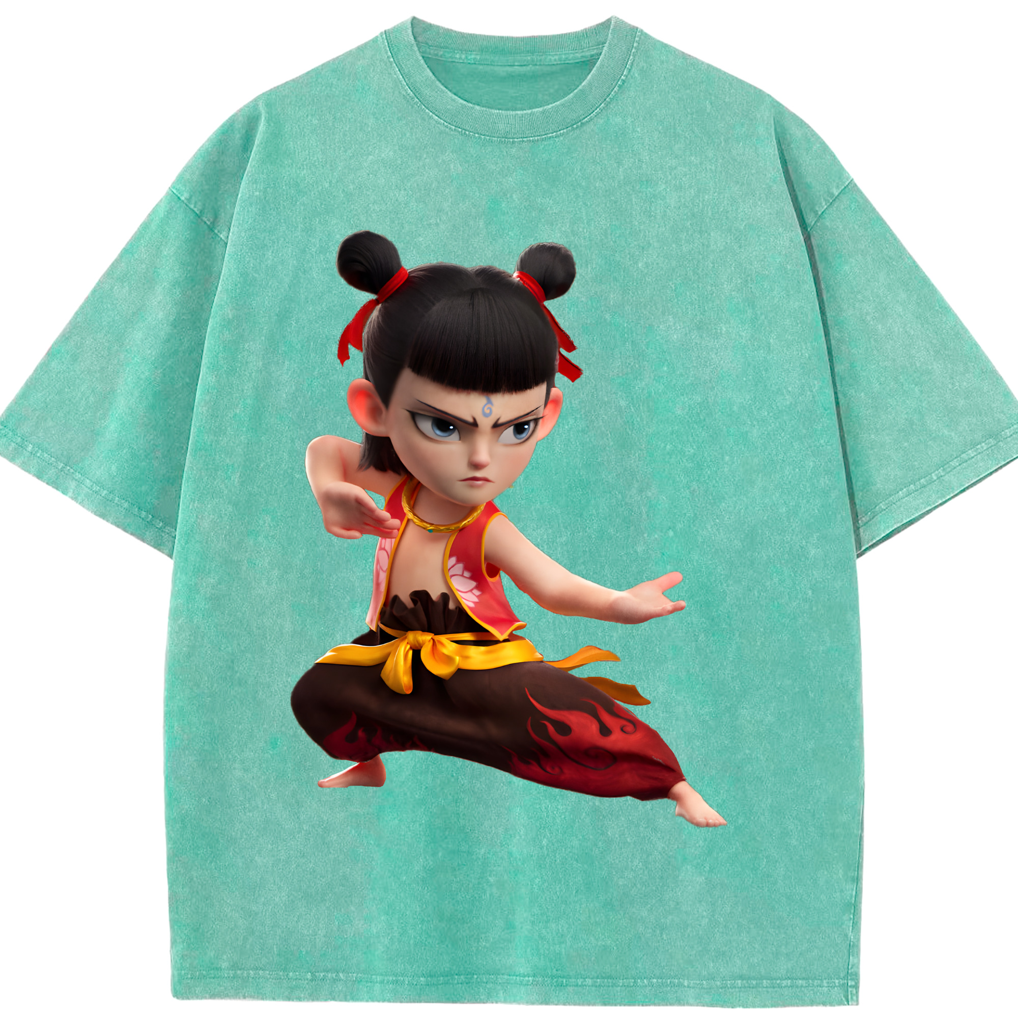 （画像用） Ne Zha 2 ナタ 魔童の大暴れ 綿100% ヴィンテージ風 半袖Tシャツ（フロントプリント）